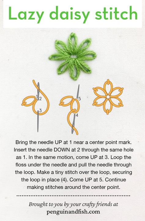 Lazy daisy stitch - embroidery how-to, quick video, and step by step g Embroidery Stitches Flowers Tutorials Simple, Daisy Embroidery Pattern Simple, Simple Daisy Embroidery Tutorial, How To Do Lazy Daisy Stitch, How To Embroidery Flowers Step By Step, Cross Stitch Step By Step, Free Daisy Embroidery Pattern, Daisy Embroidery Pattern Template, Filled Lazy Daisy Stitch