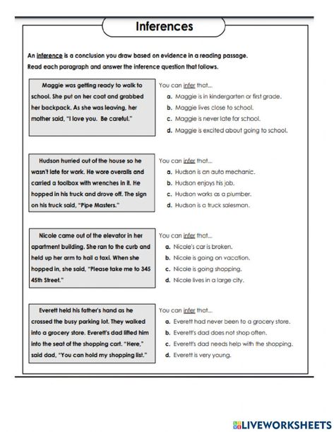 Inferencing Worksheets, Making Inferences Worksheet, Inference Worksheet, Reading Intervention Classroom, Inferencing Activities, Speaking Activities English, Summer Review, Late For School, Introductory Paragraph