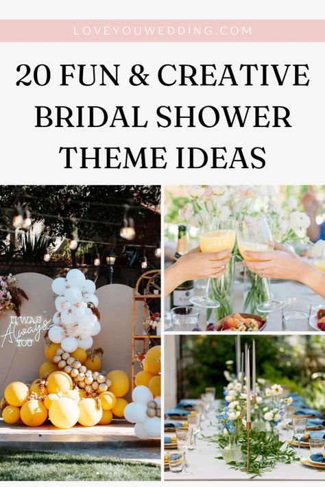 Planning a bridal shower for the bride-to-be? We’re sharing 20+ fun and unique bridal shower theme ideas she’ll love! Whether you’re planning a fall, winter, spring, or summer wedding shower, we have ideas for off the market, beach, boho, rustic, brunch, and mimosa bar bridal shower themes! Discover the best bridal shower games, decorations, food, and more. Cute Wedding Shower Themes, Bridal Shower Ideas Themed The Bride, Spring Bridal Shower Food Ideas, February Wedding Shower Themes, Cocktail Hour Bridal Shower Theme, Cool Bridal Shower Ideas, Cocktail Hour Bridal Shower Ideas, Sunflower Bridal Shower Theme, Afternoon Bridal Shower Ideas