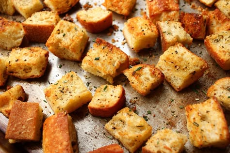 The Secret To Making The Best Croutons Is To Do Whatever You WantDelish Crouton Recipe, How To Make Croutons, Crouton Recipes, Croutons Homemade, Stale Bread, Fresh Bread, Croutons, Basic Recipes, Bread Dough