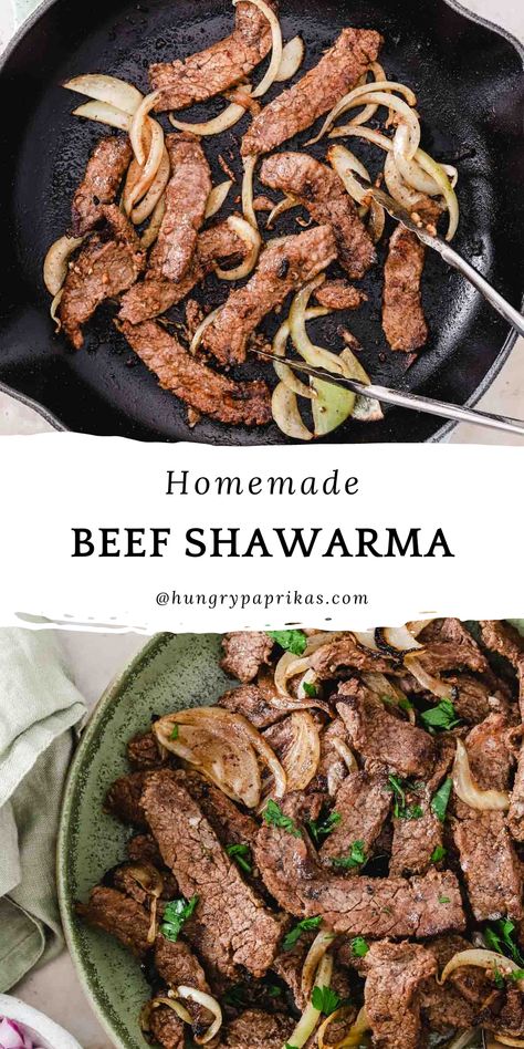 Top photo: beef shawarma in cast iron pan cooking with onions Bottom photo: beef shawarma on a green plate Slow Cooker Beef Shawarma, Beef Schwarma Recipes, Shawarma Recipe Beef, Beef Shwarma Recipe, Lamb Shawarma Recipe, Beef Shawarma Recipe, Schwarma Recipe, Shawarma Recipes, Hungry Paprikas