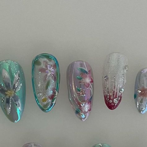 nails by maddy! on Instagram: "my favourite set i’ve done so far! i am obsessed with these vintage fenton baskets at the moment! so i wanted to do a set inspired by the florals, glass and iridescence!" Fenton Baskets, My Favourite, Nail Inspo, Baskets, In This Moment, Nails, Glass, Floral, Instagram