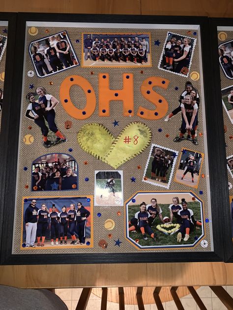 Softball Sr Night Ideas, Softball Senior Night Gifts Basket, Softball Senior Night Ideas Posters, Senior Gift Ideas High School Sports Softball, Softball Shadow Box Ideas, Senior Night Softball Ideas, Senior Softball Gift Ideas, Softball Senior Night Ideas, Softball Coach Gift Ideas