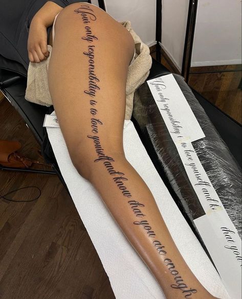 Leg Quote Tattoos Women, Leg Quote Tattoo, Tattoo Designs Watercolor, Tattoo Designs Skull, Tattoo Designs Floral, Tattoo Designs Black And White, Quote Tattoo Designs, Tattoo Designs Mandala, Tattoo Designs Traditional