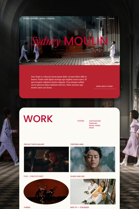 I am so pleased to be sharing the Moulin template with you. It is our latest premium Squarespace template—a portfolio website designed for the contemporary filmmaker who loves both colour and minimalism. Click through for a Tempixel BTS look! Filmmaker Website Design, Videography Website Design, Simple Design Portfolio, Filmmaker Portfolio Website, Contemporary Web Design, Horror Website Design, Luxurious Website Design, Creative Website Design Ideas, Film Website Design