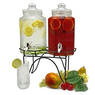 Drinks: Twin drink dispenser. One side lemonade & one side iced tea. Have them separate or make your own Arnold Palmer. Lemonade Punch, Glass Beverage Dispenser, Beverage Dispensers, Drink Containers, Party Bars, Glass Jug, Drink Dispenser, Glass Texture, Iced Tea