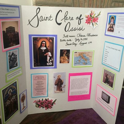 Saint Poster Board for Confirmation instead of a 2 page paper. Students can be creative and present their Saint this way. #MVEGA original idea Poster Board Ideas Creative School, Confirmation Poster Ideas, Saint Research Project, Saint Projects For Confirmation, Saint Poster Board Ideas, Confirmation Saint Project, Confirmation Project Ideas, Poster Presentation Ideas Creative, Poster Ideas For School Projects