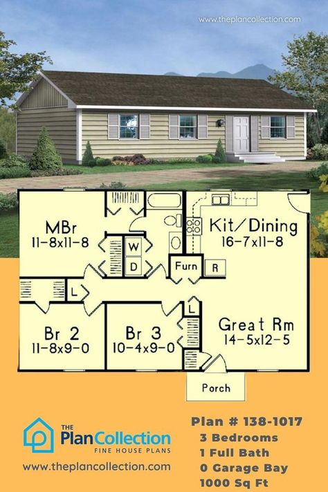 1000 Sq Ft House Plans 4 Bedroom, 3 Bedroom Ranch Floor Plans, Traditional Ranch House, 1000 Sq Ft House, 1500 Sq Ft House, Floor Plans Ranch, Porch Plans, 1000 Sq Ft, Ranch Style House