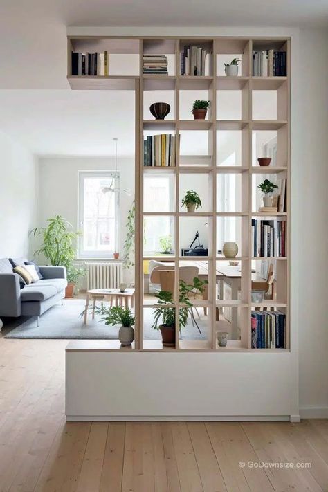 Partition Wall With Shelves, Living Divider Ideas, Bookshelves As Wall Divider, Bookshelf Partition Wall, How To Divide Kitchen From Living Room, Divide Room With Paint, Small Bookshelf On Wall, Living Room Divider Ideas Wall Dividers, Living Dining Partition Modern