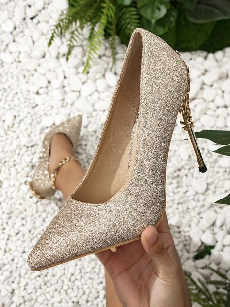 Gold Glamorous Collar   Plain Court Pumps Embellished   Women Shoes Gold Closed Toe Heels, Prom Gold, Closed Toe Heels, Golden Girl, Prom Shoes, Gold Heels, Thick Heels, Green And Gold, Wedding Shoe