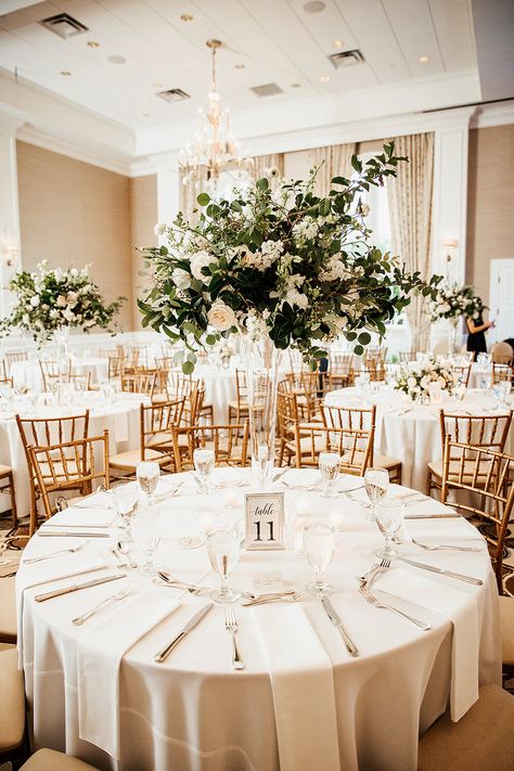 Country Club of Orlando Wedding | MaryJane & Will — Velvet & Twine Country Club Wedding Reception, Country Club Reception, Gold Wedding Reception, White Linens, Indoor Wedding Receptions, Wedding Event Decor, Tall Centerpieces, Wedding Venue Inspiration, Brown Wedding