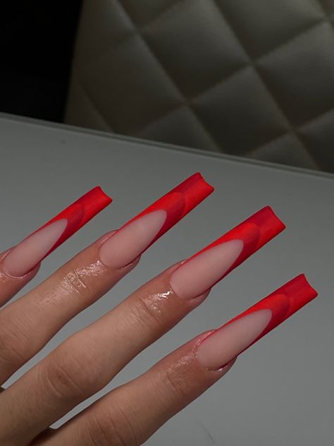 #ocnailtech #fullertonnailtech #buenaparlnailtech #ocnails #fullertonnails #anahiemnailtech #acrylicnails #longnails #shortnails #mediumnails #pinknails #glitterynails #frenchtipnails #pinknails Long Rectangle Nails, Ombré Red Nails, Nude And Red Nail Designs, Long Red Stiletto Nails, Red Ombre Nails Acrylic, Red Vacation Nails, Matte Long Nails, Red French Tip Nails Coffin, Red Exotic Nails