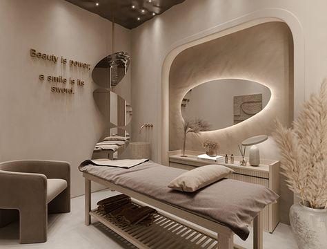 Beauty Salon :: Behance Modern Facial Room, Spa Area Design, Beauty Studio Interior Design, Best Salon Interior Design, Beige Salon Aesthetic, Aesthetic Spa Room, Esthician Aesthetic Room, Cosmetic Salon Interior, Head Spa Room