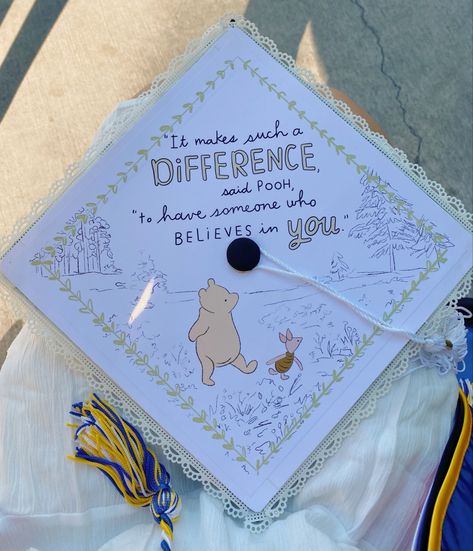 Winnie The Pooh Quotes For Graduation, Grad Cap Winnie The Pooh, Yellow Grad Cap Ideas, Bluey Grad Cap, Graduation Cap Disney Designs, Ratatouille Grad Cap, Grad Cap Ideas Winnie The Pooh, Orange Grad Cap Ideas, Graduation Cap Designs Winnie The Pooh