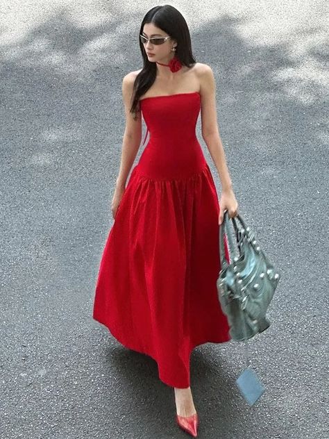 2024 Autumn Elegant Strapless Flower A-line Long Dress Streetwear Woman Clothing Sleeveless Backless Red Black Holiday Dresses - AliExpress 200000345 Party Outfit Women, Black Vacation, Red Long Dress, Evening Party Outfit, Black Holiday Dress, Dress Streetwear, A Line Long Dress, Long Tunic Dress, Party Outfits For Women