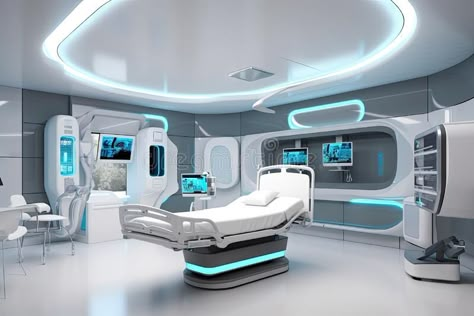 High-tech hospital room with futuristic furnishings and advanced medical equipment royalty free stock images Futuristic Medical Room, Futuristic Hospital Design, Research Room Design, High Tech Hospital, Future Room Technology, Futuristic Control Panel, Futuristic Medical Technology, Futuristic Hospital Room, Hospital Equipment Medical