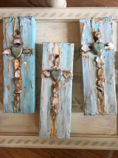 Cross Art Painting, Faith Based Art, Oyster Shell Crafts, Cross Crafts, Altered Art Projects, Mixed Media Art Canvas, Texture Paint, Cross Art, Shell Crafts Diy