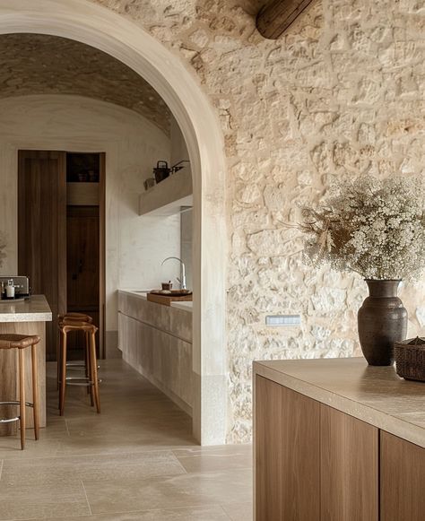 Spain Kitchen, Old Money Interior Design, Old Money Interior, Stone Accent Walls, Stone Interior, Paris Home, Country Interior, Mediterranean Homes, Shabby Chic Kitchen