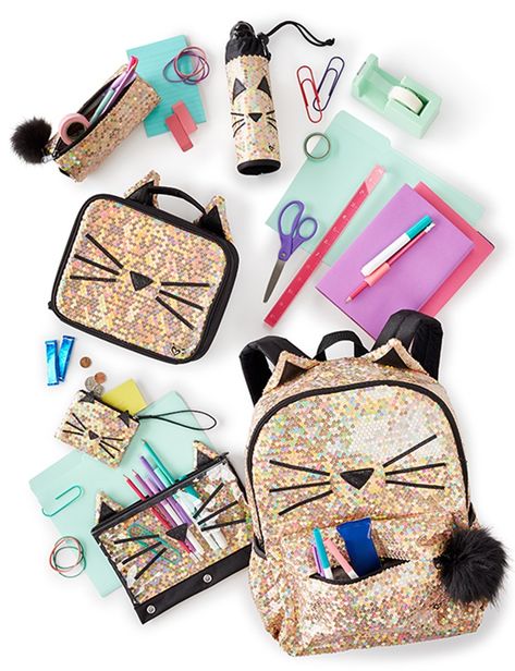 Sparkle MEOW. Shine all year long! Justice School Supplies, Justice Backpacks, Girl School Supplies, Justice Accessories, School Suplies, Unicorn Fashion, School 2017, Diy School Supplies, School Accessories