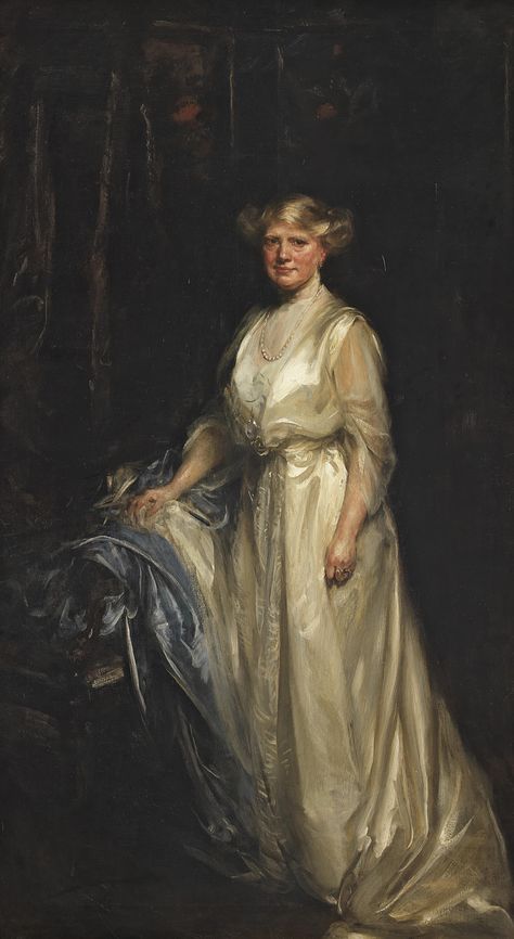 Sold Price: Sir James Jebusa Shannon, RA, RBA, RHA (British, 1862-1923) Portrait of a lady, standing full-length, in a cream dress, resting her right hand on a chair - March 3, 0122 1:00 PM GMT James Jebusa Shannon, Lady Standing, Veteran Car, Tiger Skin, European Art, Fashion Portrait, Art Website, A Lady, A Chair