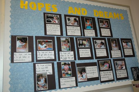 To illustrate their hopes and dreams for the year, children staged scenes of themselves accomplishing their goals. I photographed those, and then students added captions. Hopes And Dreams Responsive Classroom, Hopes And Dreams Display, Teacher Organisation, Classroom Kindergarten, Working Wall, Classroom Goals, Responsive Classroom, Making Spirits Bright, Instructional Coaching