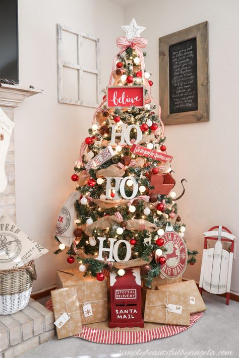 Christmas Tree Blog Hop–Rustic Santa Theme Tree | Simply Beautiful By Angela Christmas Tree Decorating Tips, Theme Tree, Pretty Christmas Trees, Small Christmas Tree, Christmas Tree Decorating Themes, Farmhouse Style Christmas, Christmas Tree Inspiration, Cool Christmas Trees, Christmas Tree Ideas