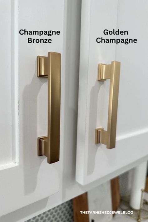 Need help choosing gold hardware, but don't know where to start? Try 6 Tips: Adding Gold Hardware To Kitchen Cabinets by thetarnishedjewelblog.com. #goldhardware #goldhardware #hardwaregold #HardwareMakeover #hardwaremakeover #goldknobs #goldhandles #goldpulls #CHAMPAGNEBRONZE #brasshardware #champagnebronze #champagnebronzehardware #bronzehardware #brushedbrasshardware Champagne Bronze Kitchen Cabinet Hardware, Kitchen With Gold Accents Hardware, Kitchen With Champagne Bronze Hardware, Brass Vs Gold Hardware, Champagne Bronze Vs Brushed Gold, Cabinet Hardware To Match Delta Champagne Bronze, Champagne Gold Kitchen Hardware, Champagne Bronze Kitchen Hardware, Champagne Bronze Kitchen