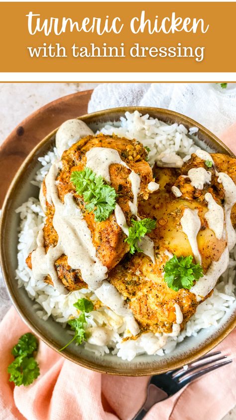 Turmeric Yogurt Chicken, Lemon Tahini Chicken, Tumeric Chicken Recipe, Tumeric Chicken Recipes Healthy, Chicken Tahini Recipes, Tumeric Chicken Recipes, Tahini Chicken Recipe, Boat Meals, Healthy Chicken Shawarma