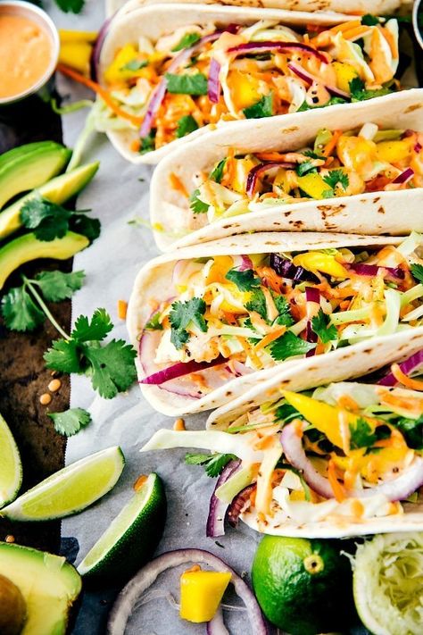 Asian Chicken Tacos, Mango Ideas, Mango Slaw Recipes, Asian Tacos, Taco Tuesday Recipes, Mango Slaw, Recipe Lunch, Chelsea's Messy Apron, Breakfast Cookies Healthy