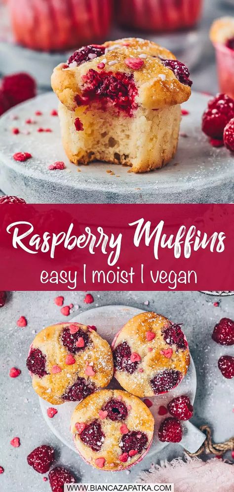 The best recipe for moist vegan Raspberry Muffins that are quick and easy to make, wonderfully soft, fluffy and fruity and simply delicious! #muffins #cupcakes #berry #berries #baking #dessert #cake #easyrecipes #veganrecipes #recipes #food #vegan | biancazapatka.com Healthy Raspberry Muffin Recipes, Vegan Berry Muffins, Vegan Fruit Recipes, Vegan Raspberry Muffins, Vegan Muffins Recipes, Vegan Raspberry Recipes, Healthy Vegan Muffins, Raspberry Recipes Vegan, Raspberry Muffins Easy