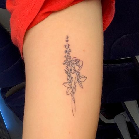 Larkspur and rose tattoo small on inner arm July And May Birth Flower Tattoo, Tattoo Ideas June Flower, Larkspur And Rose Bouquet Tattoo, July Birth Flower Tattoo Small, Tattoos For June Birthdays, July And March Birth Flower Tattoo Together, Larkspur Rose Tattoo, Rose Lavender Tattoo, June And July Flower Tattoo