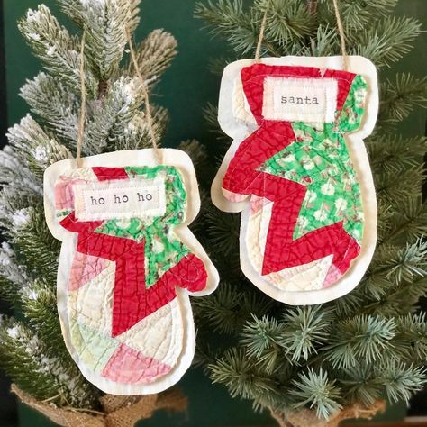 Jo • The Olde Homestead Market on Instagram: “Vintage Quilt Mitten Ornaments! ❤️💚❤️ These ornaments are hand stamped with Christmas words. They are backed with muslin fabric. They are…” Stamped Fabric Projects, Quilted Ornaments Christmas, Ornaments From Old Quilts, Ornaments From Old Clothes, Quilt Ornaments, Mitten Ornaments, Quilted Christmas Ornaments, Quilted Ornaments, Fabric Ornaments