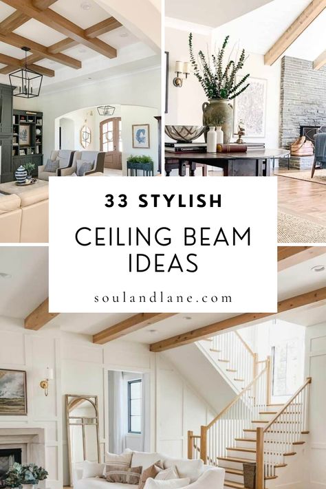 Embrace the industrial trend with metal beams that contrast beautifully against soft furnishings and decor, or create a Scandinavian minimalist vibe with whitewashed beams that brighten and open up the space. For homes with a traditional flair, dark stained wooden beams can add a stately feel to libraries, home offices, or master bedrooms. In open-plan spaces, use beams to subtly define different areas without sacrificing the flow of natural light. Black Beams Bedroom, Stained Wood Beams Living Room, Beams With Shiplap Ceiling, Ceiling Beams In Open Floor Plan, Beams In Tray Ceiling Master Bedrooms, Beamed Ceiling Ideas, Beams In Master Bed, Wrapped Beams Ceilings, Wooden Beams Ceiling Bedroom