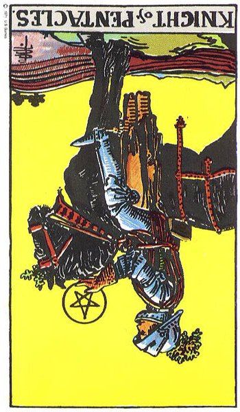 Knight of Pentacles Reversed Knight Of Pentacles Reversed, Knight Of Pentacles, Page Of Pentacles, Pentacles Tarot, Zodiac Cards, Tarot Meanings, Oracle Tarot, Teachable Moments, Pentacles