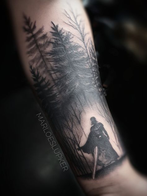 Darth Vader Tattoo Design, Forest Tattoo Sleeve, Star Wars Tattoo Sleeve, Lightsaber Tattoo, Darth Vader Tattoo, Star Tattoos For Men, Cover Up Tattoos For Men, Tattoo Coverup, Forest Tattoo