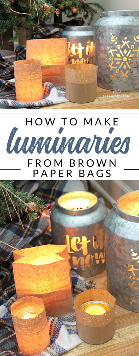 How to make simple brown paper bag lanterns, perfect for winter crafting. This easy paper craft will cozy up any space with candles and warmth. Paper Bag Candle Lanterns, Book Page Luminaries Diy, Winter Solstice Paper Lanterns, Diy Luminaries Outdoor, Luminary Bags Diy, Paper Bag Candles, Paper Bag Luminaries, Luminaries Diy, Christmas Luminaries