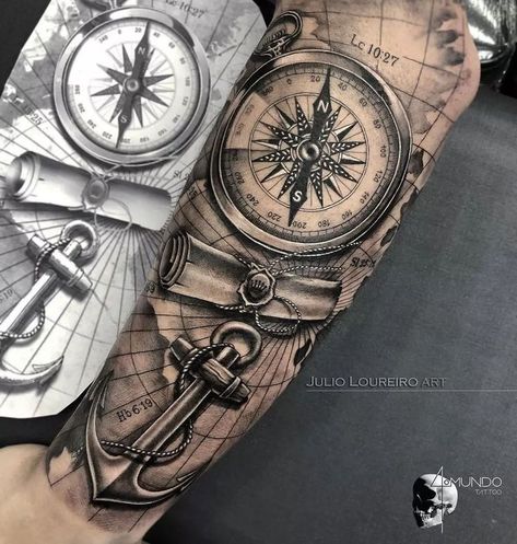 Sextant Tattoo, Tato Jam, Tato Nama, Best Arm Tattoos, Compass And Map Tattoo, Compass Tattoo Men, Nautical Tattoo Sleeve, Tato Tradisional, 42 Tattoo