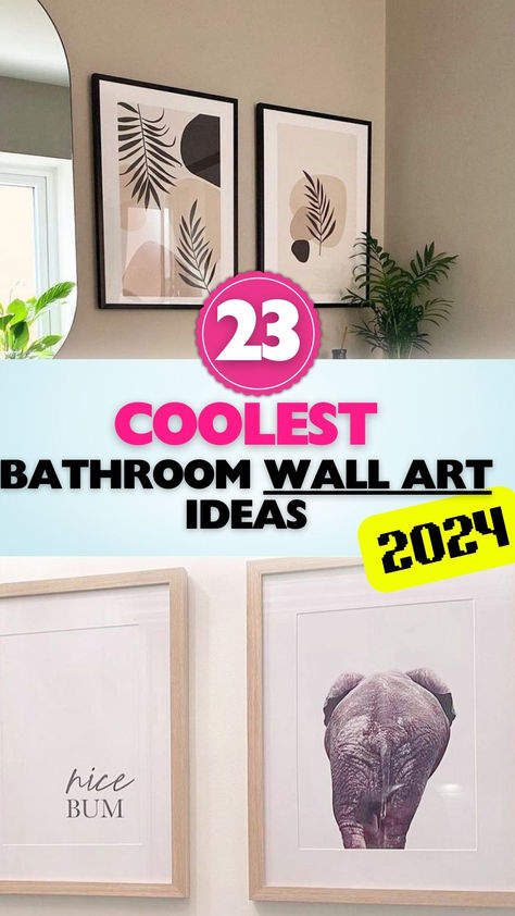 Transform your bathroom with stunning wall art. Check out these coolest ideas for 2024! Artwork For Bathroom Walls, Bathroom Large Wall Decor, Shower Wall Art, Bathroom With Artwork, Bathroom Wall Art Ideas Farmhouse, Toilet Room Art Ideas, Bathroom Photo Decor, Frames On Bathroom Wall, Small Toilet Room Artwork