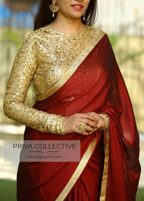 The blouse in a different style Golden Blouse Design, Golden Blouse Designs, Gold Blouse Designs, Golden Blouse, Sequence Blouse, Blouse Design Images, Sari Blouse Designs, Indian Saree Blouses Designs, Indian Fashion Saree