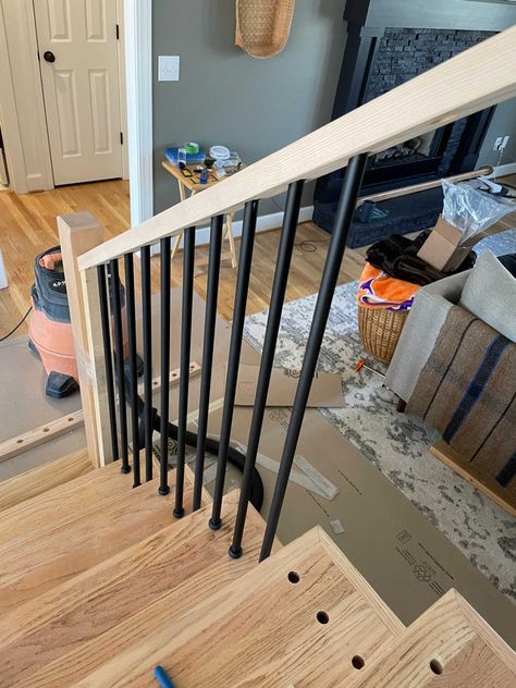 staircase update adding new iron balusters Cheap Bannister Ideas, Diy Stairs Makeover Railings, How To Stair Railing, Stair Railing Diy Cheap, Diy Newel Post Ideas, Diy Wood Stair Railings, How To Replace Stair Banister, Diy Iron Stair Railing, How To Update Railing