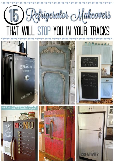 15 Refrigerator Makeovers That Will Stop You in Your Tracks - Craving some Creativity Vintage Kitchen Fridge, Repurposed Refrigerator Ideas, Upcycle Fridge Old Refrigerator, Old Refrigerator Makeover, Retro Fridge Wrap, Painting Refrigerator Diy, Appliance Wraps Kitchens, Painted Refrigerator Diy, Paint Refrigerator Diy