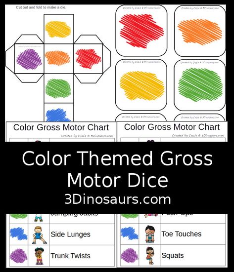 Color Themed Gross Motor Dice | 3 Dinosaurs Gross Motor Activity, 3 Dinosaurs, Preschool Colors, Aunt Life, Gross Motor Activities, Print Outs, Movement Activities, Preschool Games, Color Games