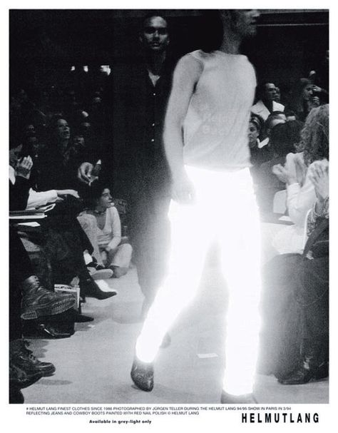 Helmut Lang white reflective jacket — fall 1994. Shop for curated vintage designer clothing and second hand runway garments at Vaniitas. 90s Campaign, Helmut Lang Campaign, Helmut Lang 90s, Reflective Pants, Studio Editorial, Helmut Lang Archive, Juergen Teller, Reflective Jacket, Curated Vintage