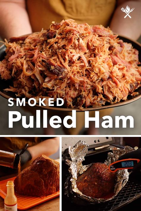 Smoked Ham Pitboss, Smoked Boneless Ham Recipes, How To Cook A Smoked Ham, Pulled Ham In Oven, Pulled Ham Smoker, Smoked Pulled Ham Recipes, Smoked Pulled Ham, Pulled Ham Recipes, Smoked Bone In Ham