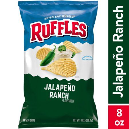 With crunchy ridges made to stand up to even the thickest dips, Ruffles potato chips bring epic flavor and snack satisfaction to any get-together. Get your taste buds Off the Bench and into the game with Ruffles and Jalapeno Ranch Flavored Potato Chips. It's the perfect Alley-Oop of Flavor. Every bite has a Blast of Creamy Ranch flavor and a Little Kick of Jalapeo-It's a Slam Dunk. Size: 8 oz. Ruffles Potato Chips, Korean Grocery, Ranch Potatoes, Chips Brands, Sour Cream And Onion, Grocery Items, Snack Chips, Chocolate Drinks, Stuffed Jalapeno Peppers