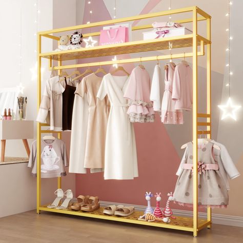 PRICES MAY VARY. ✩Maximize Your Storage: This gold clothing rack features 2 shelves, top rod and 6 side bars, creating large storage space, can support piles of clothes, such as heavy winter coats, heavy luggage, handbags, fashion shoes. And there are 3 bars on each side, you can easily put your scarves, tie or towels on it or only for children use. ✩High Enough: This metal rolling clothes rack is high enough, your trousers, long coats, long dress, robe will not hang down to the bottom shelf or Pretty Closet Shelves, Sign For Dress Up Area, Racks In Closet Shelves, Shop Clothing Racks, Gold Pant Hangers, Handbag Bedroom Storage, Kids Display Store Clothing Racks, Bridesmaids Dress Rack, Nike Clothing Rack