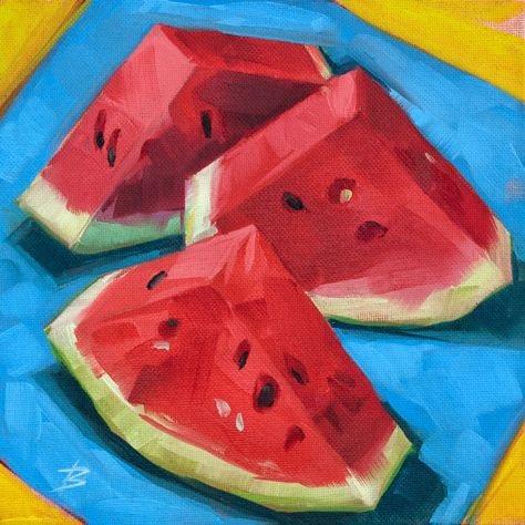 Watermelon by David Bates Watermelon Oil Painting, Watermelon Paintings, Kitchen Painting Art, Painting Watermelon, Watermelon Drawing, Paintings Wall Decor, Watermelon Painting, Landscapes Beautiful, Nature Paint