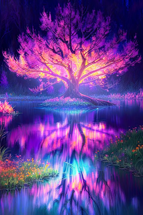 In the heart of a tranquil swamp, a mysterious tree emits a mesmerizing glow of purple and gold. Seated on a small island, this ethereal oasis casts an enchanting allure, weaving a tale of luminous enchantment amidst the serenity of the surrounding marshland. Simply Plural, Purple Poster, Glowing Flowers, Pretty Trees, Beautiful Landscape Photography, Purple Trees, Mystical Forest, Cute Love Wallpapers, Landscape Photography Nature