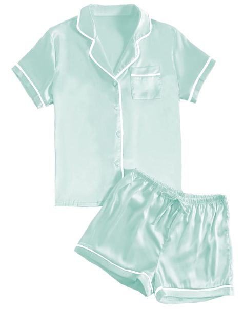 PRICES MAY VARY. Fabric: This satin 2piece pajamas set is made from high-quality satin, it's smooth, breathable and lightweight very comfortable for year round wear. Features: The silk sleepwear designed classic notch neck button front shirt top with chest pocket. And the short has comfy elastic waistband and adjustable drawstring and the loose fit and cozy style with beautiful detail that you can style from day to night. Unique design: Casual pajamas set is necessary for your around the house o