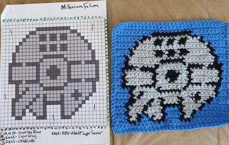 Star Wars Crochet Square, Star Wars Tapestry Crochet, Starwars Crochet, Crochet Graphgan, Star Wars Crochet, Pixel Grid, Millennium Falcon, Crochet Square, Tapestry Crochet